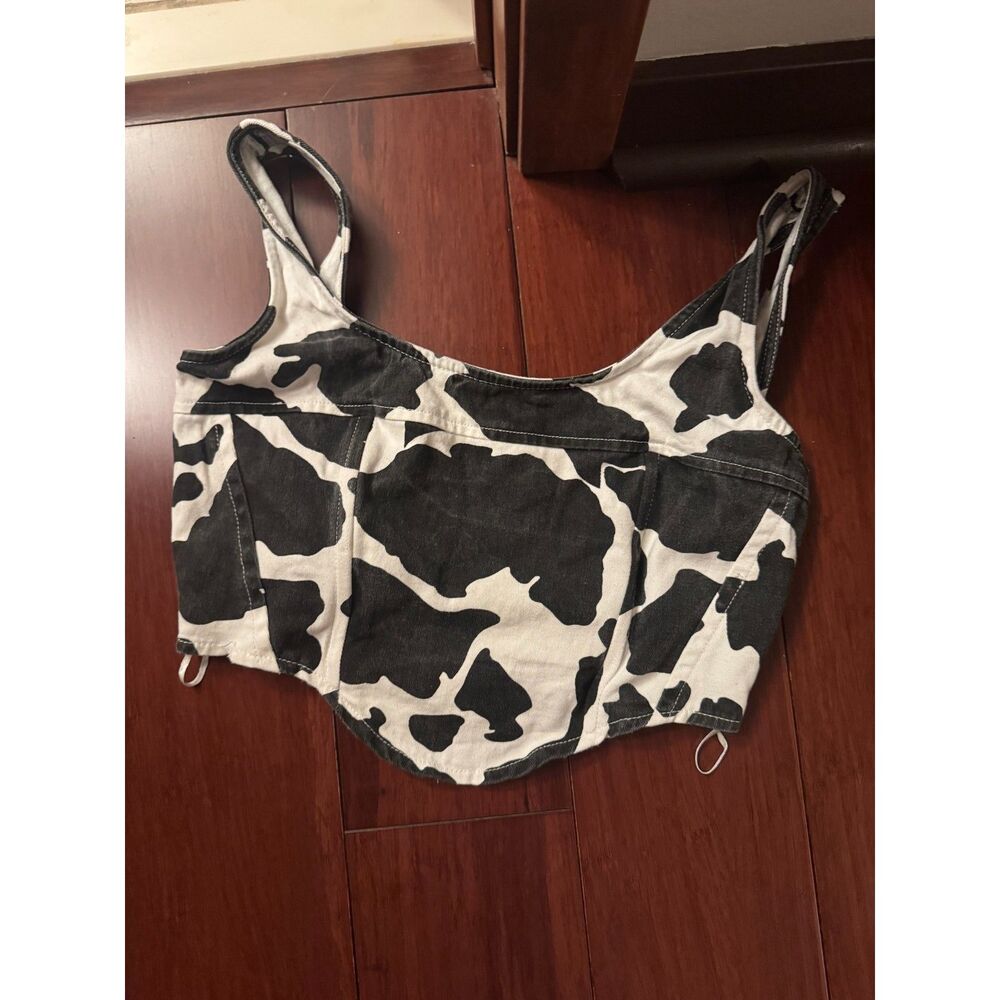 Lone Star Cow Print Denim Corset Crop Top Womens M Y2K Festival Smocked Back